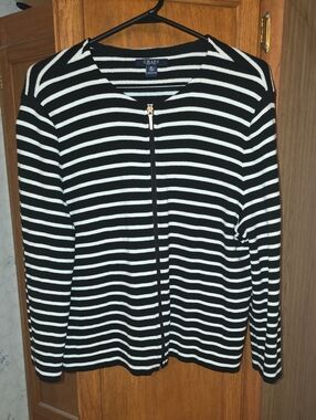 Chaps Black and White Striped Zip-Front Cardigan Sweater